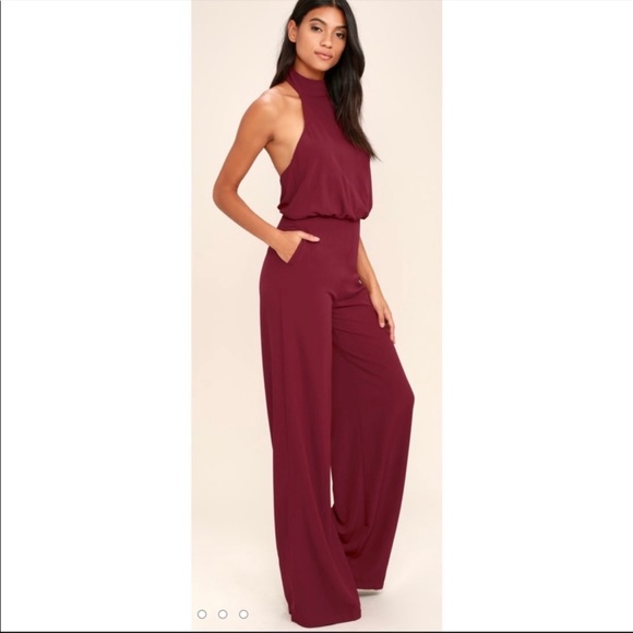 Lulu’s Moment For Life Wine Red Halter Jumpsuit NWT Small - Picture 3 of 11